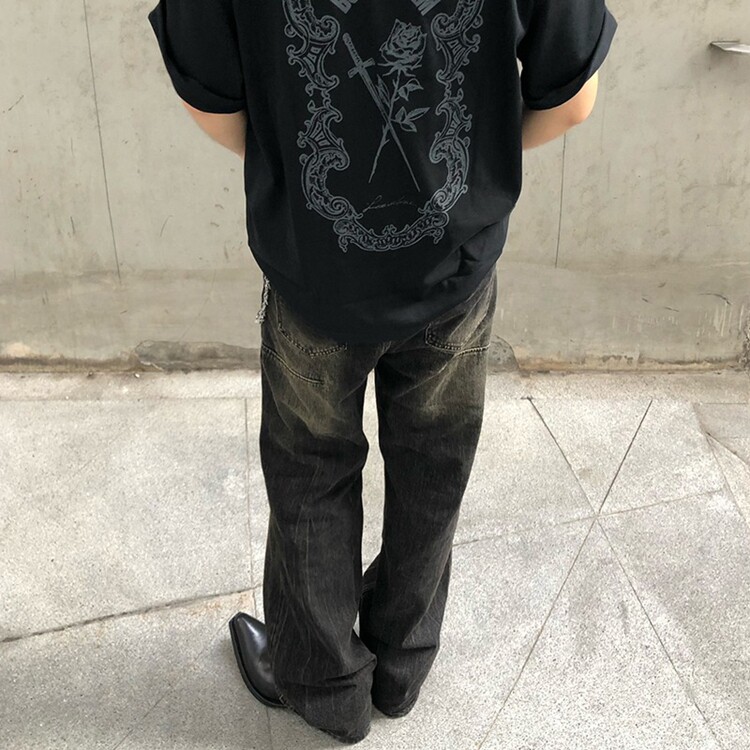 美式高街闪电裂纹微喇牛仔裤男潮牌cleanfit水洗直筒长裤,男装牛仔裤,星座218-8