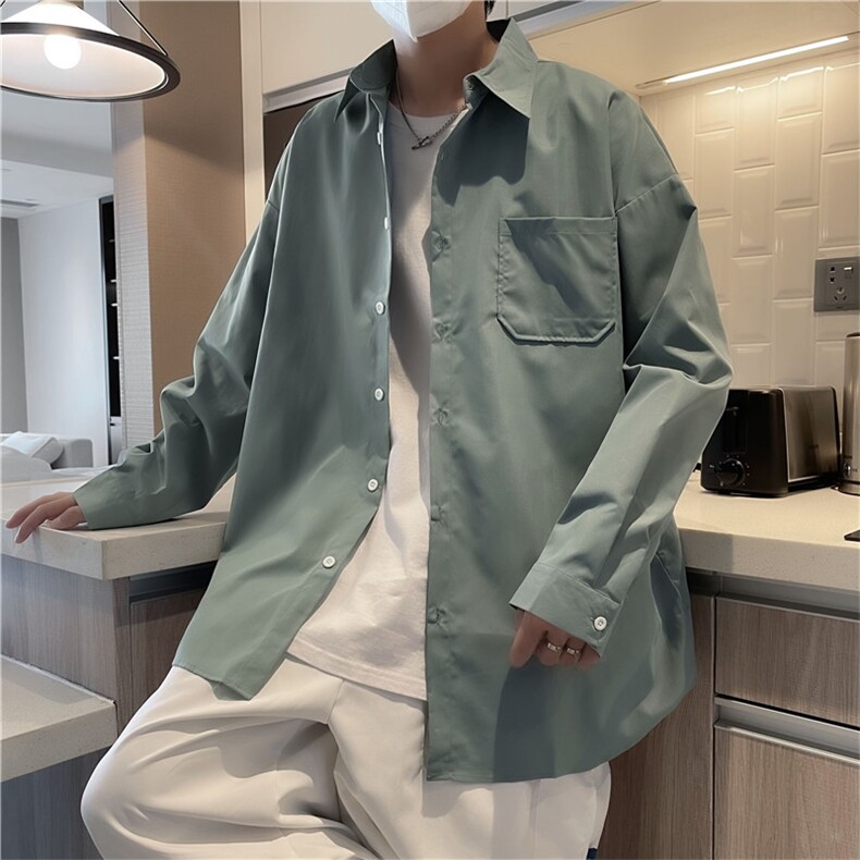 复古简约白色长袖衬衫街头宽松情侣休闲衬衣C208P45,男装衬衫,电商D325