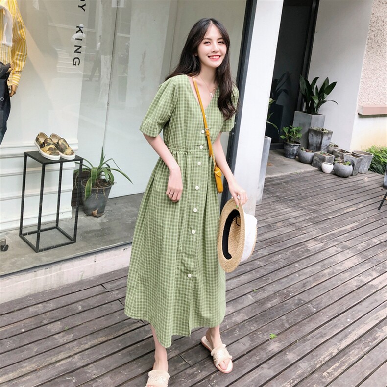 爆款现货！20夏牛油果绿高腰显瘦格子连衣裙229-8113-P75-K128,女装连衣裙,浙宝229