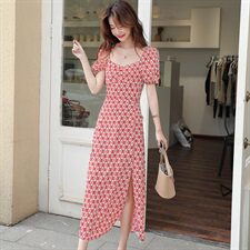 连衣裙女夏2021新款收腰气质女装夏季微胖显瘦女神范方领长款裙子，女装连衣裙，寒都衣屋