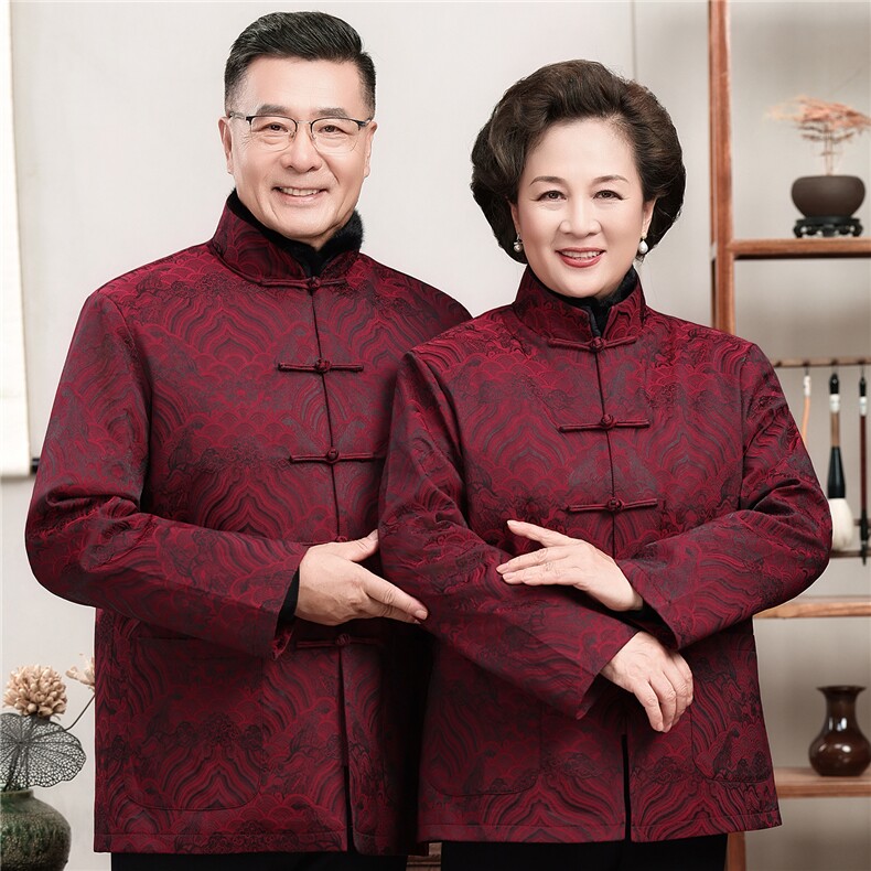 主推情侣毛领加绒中老年唐装外套爸爸妈妈喜庆生日婚宴风外套,男装民族服装,钱塘723