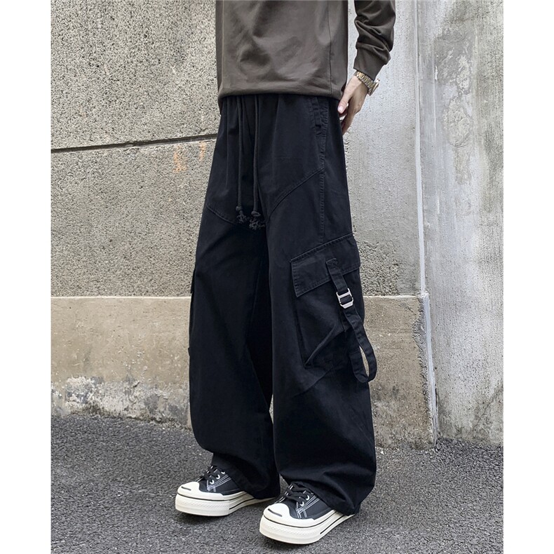 港风秋冬款男女工装裤大口袋织带阔腿宽松直筒长裤h071P65，男装工装外套，星座1013-1