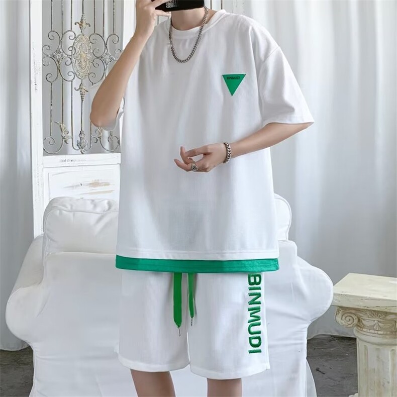 华夫格运动服套装男生夏季潮牌休闲短袖短裤两件套U35310B-1-P40,男装牛仔裤,星座310B-1