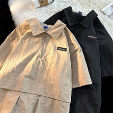高品质夏男短袖T恤工装大口袋冰丝皱贴标抽绳拉链衬衫CS0031P43，男装T恤，星座1013-1
