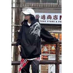 复古闪电印花连帽卫衣男秋冬季薄款百搭宽松潮长袖上衣 W634图片