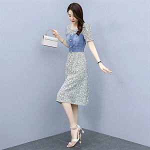 汉派鑫源时尚拼接牛仔连衣裙女2025新款夏季微胖身材收腰牛仔裙子图片