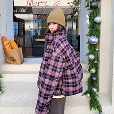 韩系撞色格纹两面穿羽绒服女2025冬新款小个子加厚保暖白鸭绒外套，女装羽绒服，2C375