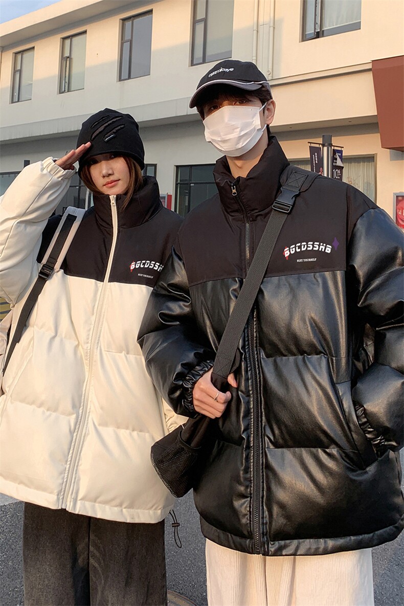 街景时尚字母印花宽松休闲情侣拼色PU皮棉服A247-MY406P115控168,男装棉衣,电商A247