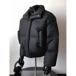 现货5W件冬季三防重磅硬挺boxy短款羽绒立领PU皮棉衣外套加厚棉服图片