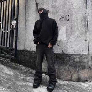 立领小众连帽卫衣男高级感纯色套头宽松百搭休闲上衣春秋情侣帽衫图片