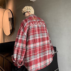 现货~美式贴布绣格子衬衣宽松复古外套潮XZ609-WT2351-P70-控108，男装衬衫，星座609