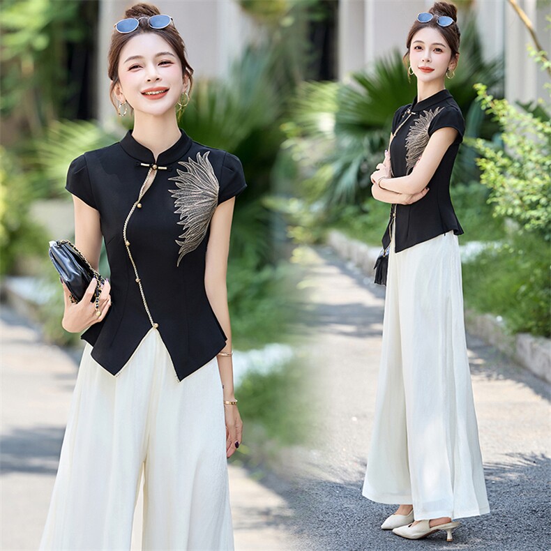 中式国风时尚流行刺绣套装女2025夏日巨好看的唐装阔腿裙裤两件套,女装套装/套裙,玖莱伊