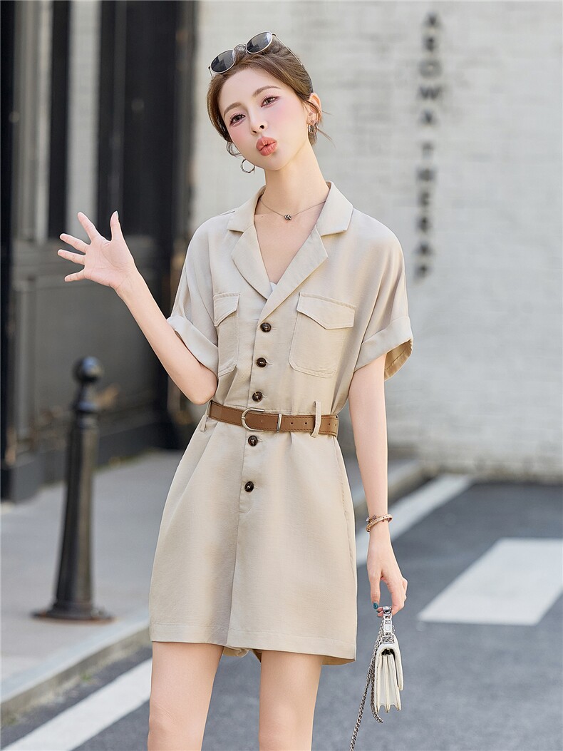 (新款现货）2026夏时尚休闲莱赛尔天丝西装领连体短裤（配腰带）,女装连体裤,印象茜