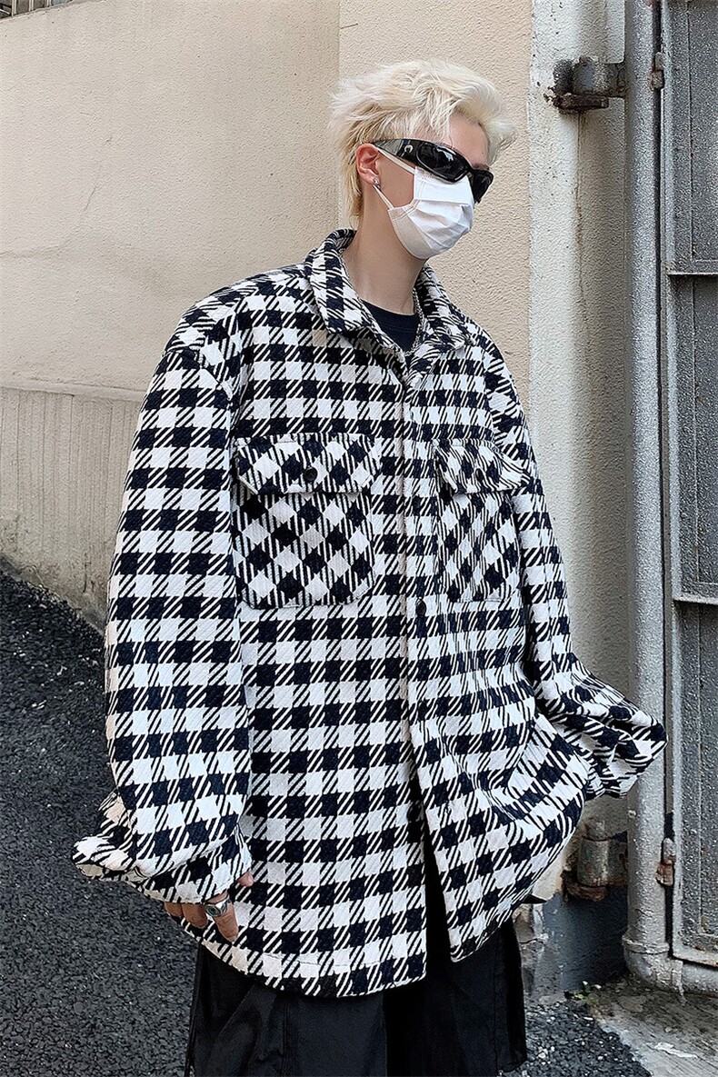 黑白格男女潮牌毛呢长袖衬衫翻领宽松呢子夹克外套-JK502特P68,男装夹克,电商B289