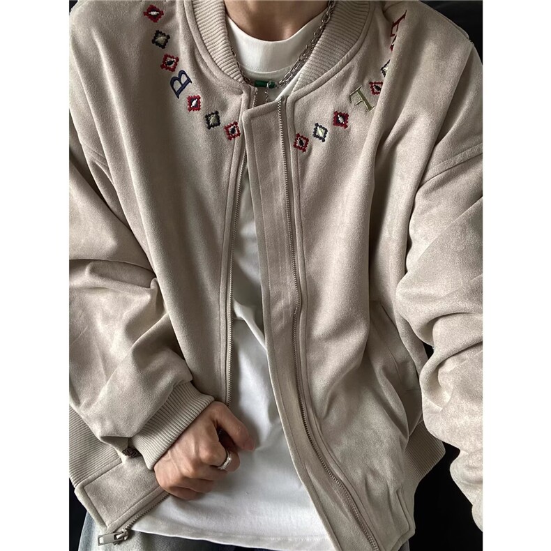 W10578-P78网图现货美式刺绣麂皮绒飞行夹克外套棒球服高品质,男装夹克,星座1608
