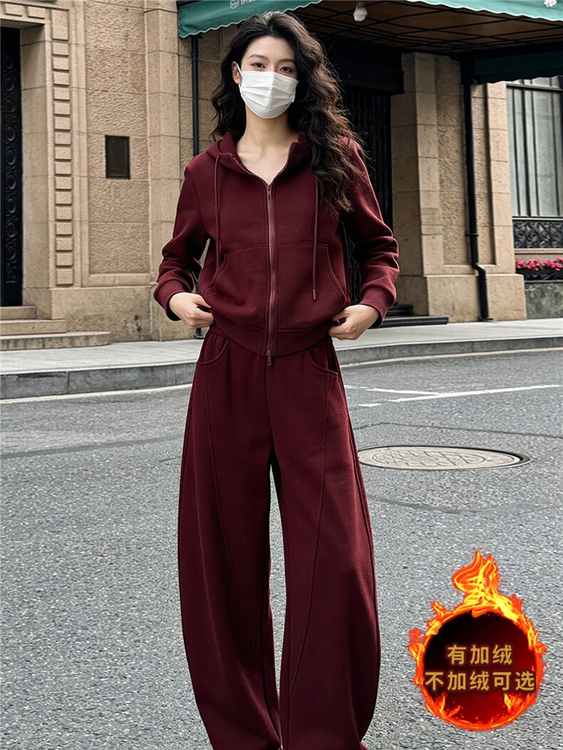 时尚休闲运动套装女秋冬款洋气减龄气质拉链连帽卫衣直筒裤两件套,女装套装/套裙,江南