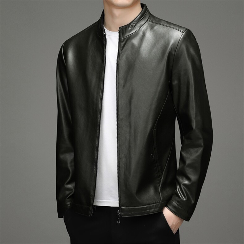 冬季2023新款男士立领纯色皮衣中年男士薄绒加厚保暖外套爸爸装,男装皮衣,电商B212（原钱塘6029）