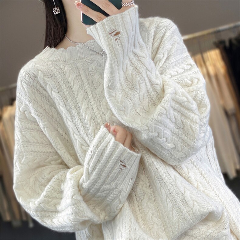 重磅加厚扭花圆领100%纯羊毛衫女23秋冬慵懒风宽松羊绒针织衫毛衣,针织衫/毛衣,艾驰羊绒