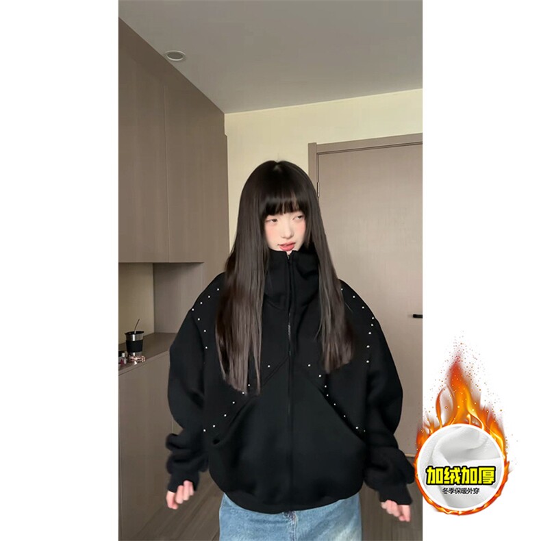 480G重磅加绒硬挺boxy男女美式高街卫衣铆钉杜宾犬耳朵开衫厚外套,女装短外套,电商A486-1