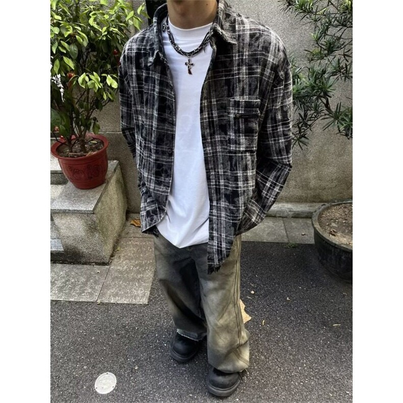 美式格纹毛边长袖衬衫衬衣男宽松日系复古情侣休闲外套WLJ066-p43,男装衬衫,星座1008