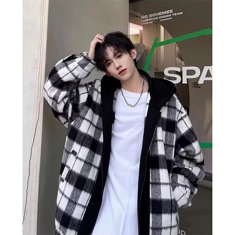 连帽格子外套男女同款秋冬时尚百搭工装男生夹克2025韩系大衣褂子，男装夹克，星座506A