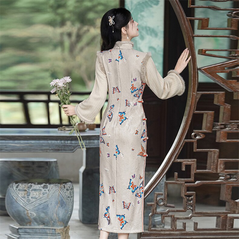 新中式风立领玉兔提花微喇袖口加绒旗袍2654P155,女装汉服/婚纱/旗袍/礼服,乐衣轩