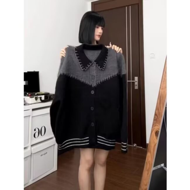 GM255-P63高级感开衫毛衣女秋季新款小众宽松百搭拼接翻领,男装针织衫/毛衣,电商B323A