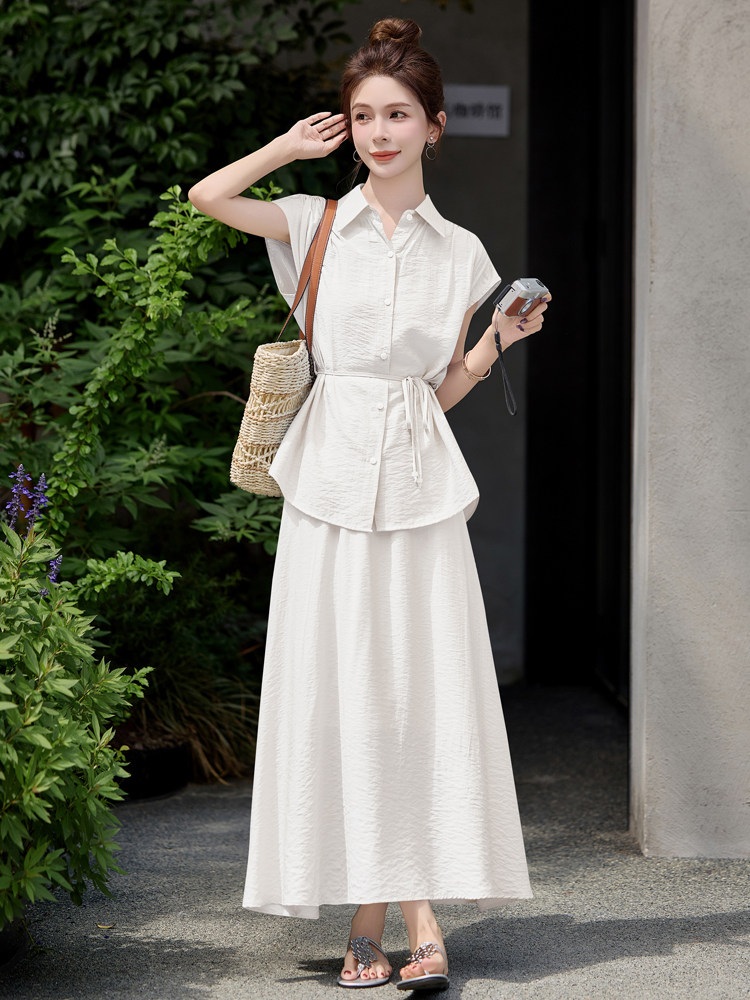 优雅新中潮夏日裙两件套女2025夏季新款设计感衬衫半身裙套装显瘦,女装套装/套裙,意芙