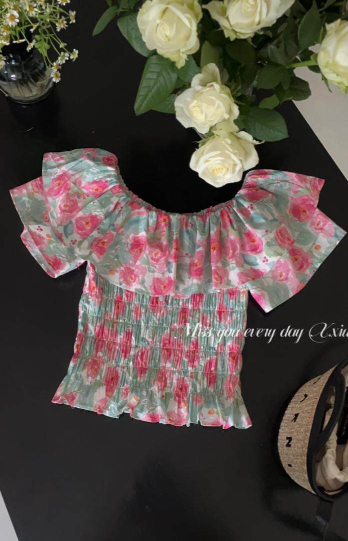 夏季新款牛津收腰显瘦花上衣一字肩荷叶边，其它，新袖