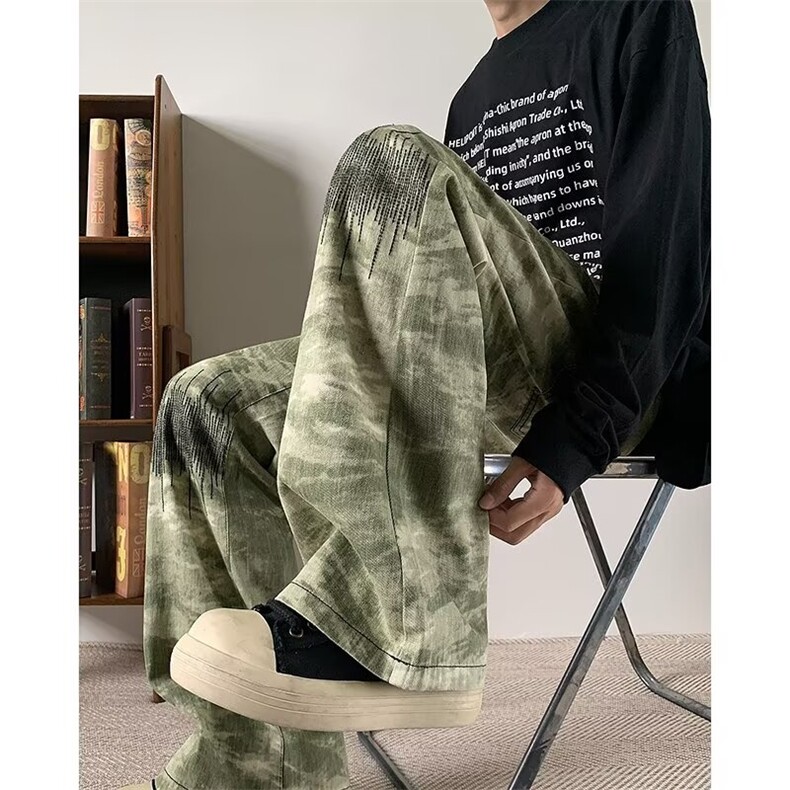 迷彩美式休闲裤微喇直筒宽松百搭通勤刺绣长裤ins微弹春秋潮NG23，男装休闲裤，星座506