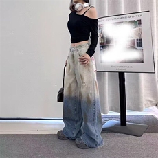 潮流自然腰春秋季男女长裤直筒裤美式设计感破洞渐变色弯刀裤常规，男装休闲裤，星座506A