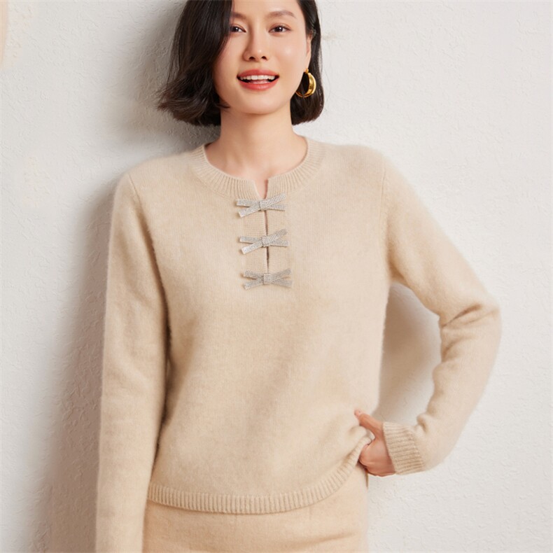 优雅女士圆领蝴蝶结装饰长袖衫10%舒适保暖时尚百搭,女装羊绒衫,臻维羊绒