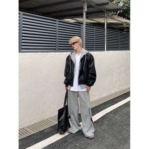 PY10-P105  春秋美式假两件皮衣外套男女宽松连帽皮夹克图片