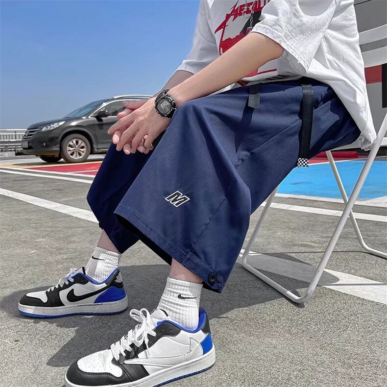 夏季痞帅裤子男宽松休闲裤韩版潮流港风潮运动阔腿七分裤Q01P30图片