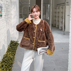 圆领撞色拼接皮毛一体外套女2025秋季夏季时尚百搭小个子显瘦上衣，女装短外套，韩蜜菓