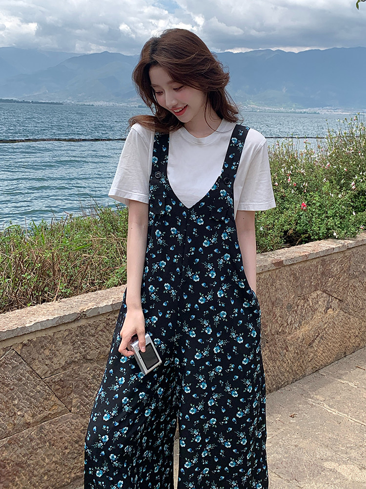 海边度假碎花背带裤女2025夏季新款韩系慵懒风宽松显瘦阔腿连体裤,女装连体裤,浙宝276（原081）