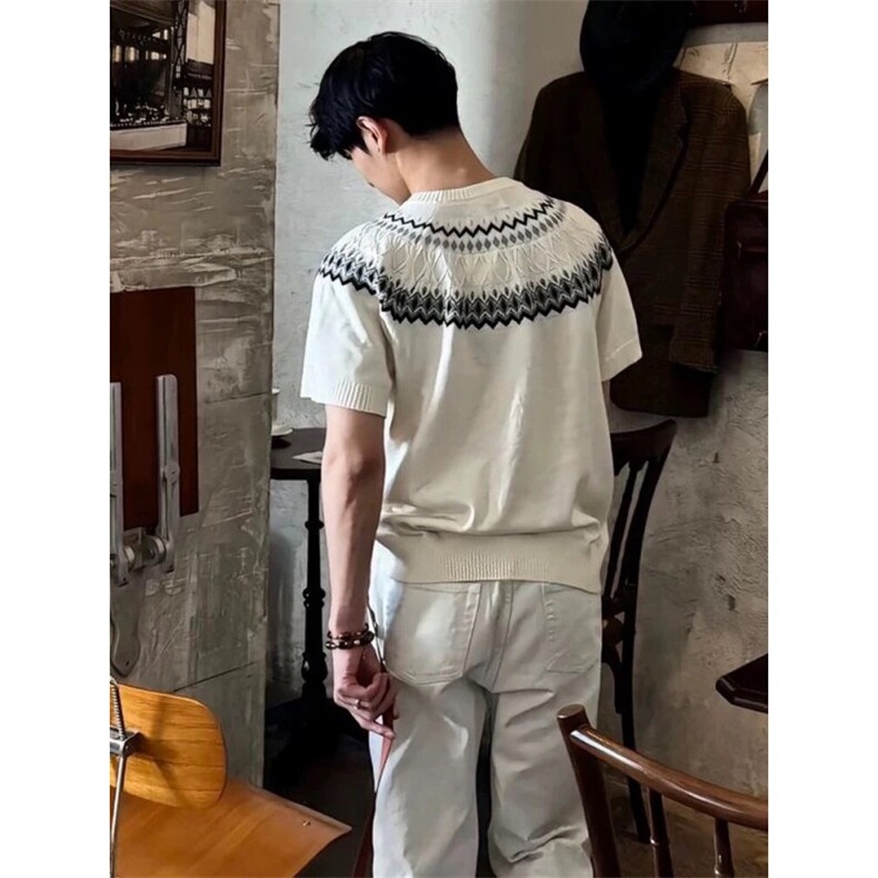 感针织短袖t恤男女夏季美式复古宽松慵懒提花半袖上衣DTX671,男装T恤,星座208-5