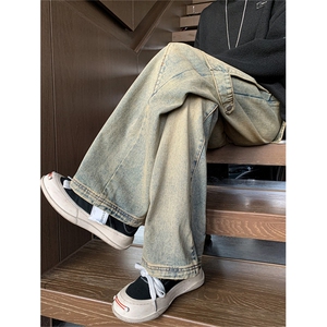 重工黄泥色工装牛仔裤男高街水洗男潮牌阔腿裤1001-1-TGN279-P58图片