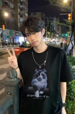 （260克双纱）趣味直喷小猫印花宽松情侣短袖T恤1015-T500-P50，男装T恤，四季星座1015