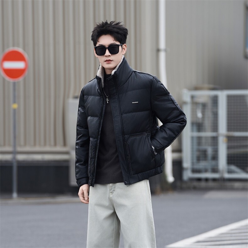 7158-M-4XL-P210-标50绒社会小伙男士休闲毛领可拆卸皮质羽绒服，男装羽绒服，电商B255