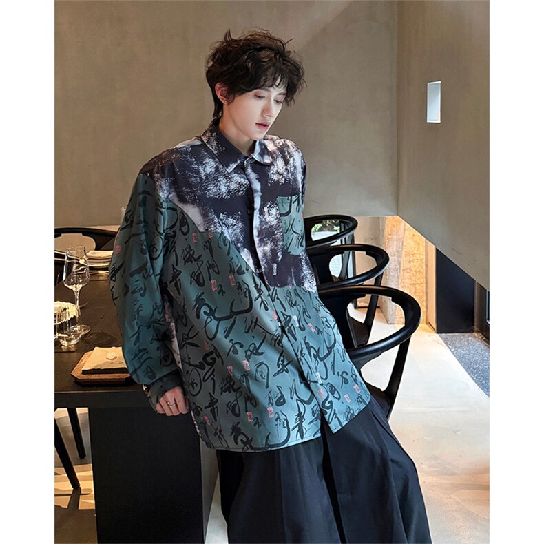 CS1152-特批38控68秋季新款新中式撞色拼接长袖冰丝衬衫大码男,男装衬衫,电商A059