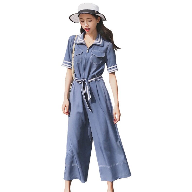 蓝色工装连体裤女2024年夏季新款韩版高腰显瘦阔腿裤连衣裤子,女装连体裤,依依服饰