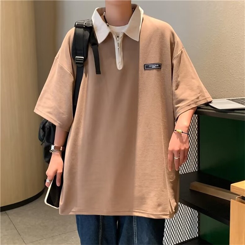 2023夏季简约拉链翻领短袖男宽松休闲T恤上衣T02521-P32,男装Polo衫,星座308B-1