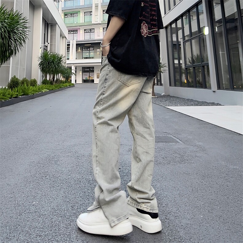 美式高街黄泥拉链开叉牛仔裤男水洗做旧vibe潮牌微喇裤子GN83-P45,男装牛仔裤,星座1008-1
