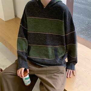 ins连帽条纹毛衣男士套头连帽针织衫青年外套xj104图片