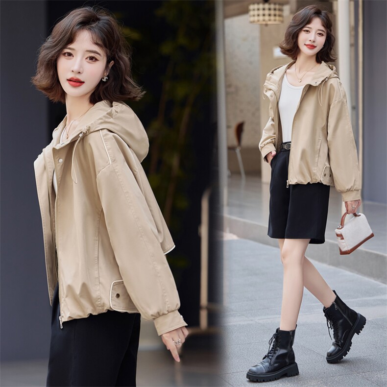 休闲连帽短款风衣外套女2025春秋新款小个子宽松百搭工装夹克上衣,女装短外套,悦祺