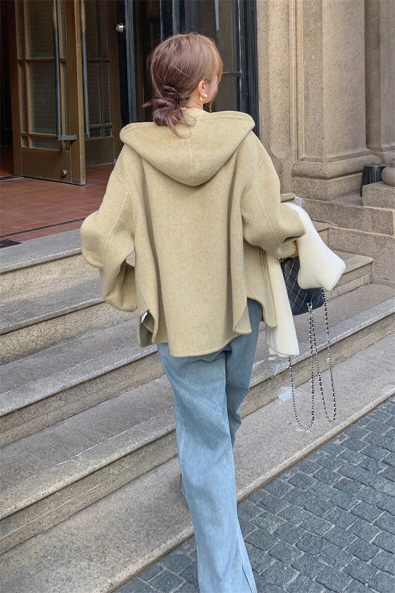 时尚高级感连帽双面呢外套女冬季2025新款简约大方的羊毛呢短上衣,女装毛呢外套,2C081
