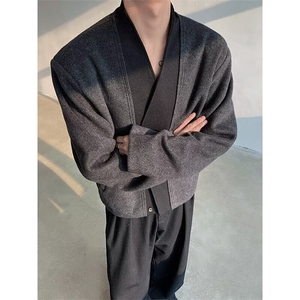 春季老钱风双扣开衫混纺毛边短款西服毛呢外套复古雅痞呢子西装潮