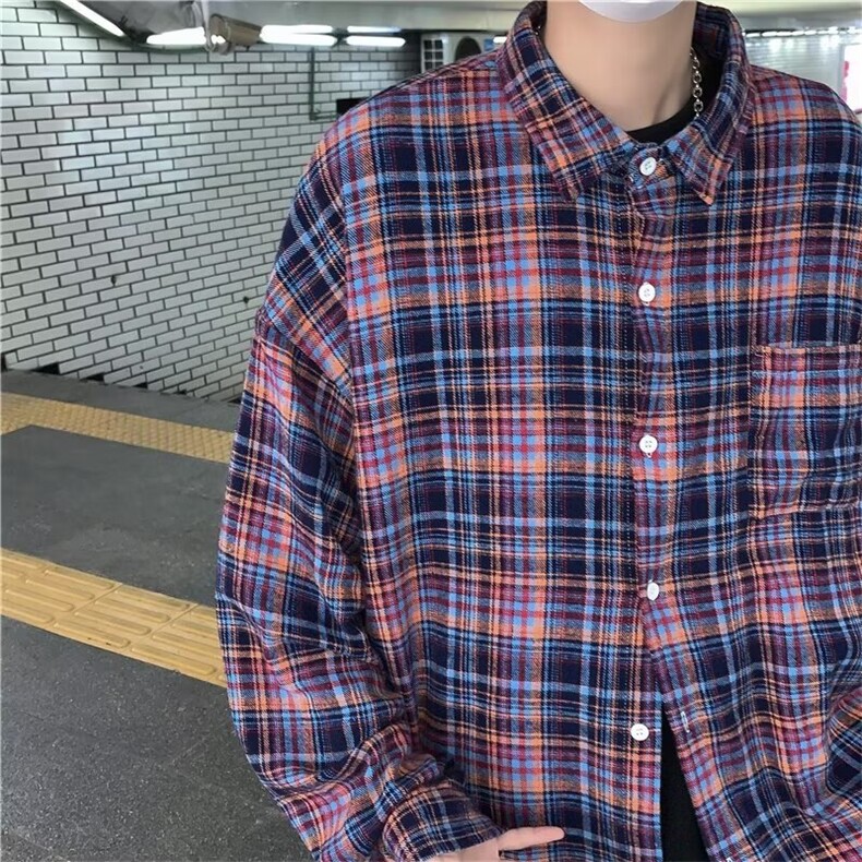 美式复古格子衬衫男新款ins潮牌宽松长袖衬衣年休闲外套C7998-p45图片