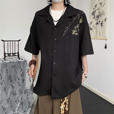 风夏款男短袖冰丝衬衫百褶皱条纹刺绣休闲短衬衣C1281P38，男装衬衫，星座1013-1